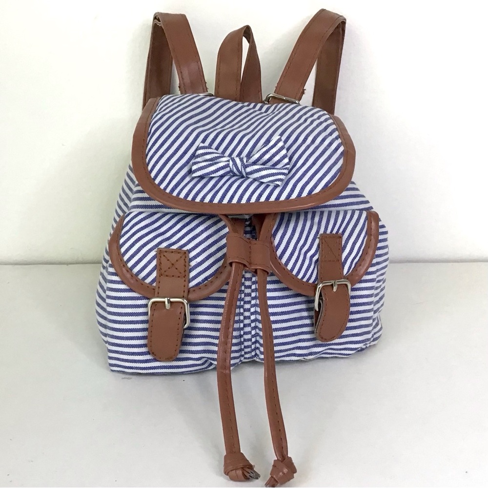 Claire’s Mini Backpack Purse Bag For Girls Faux Leather Blue & White Stripes Bow